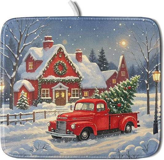 Christmas Dish Drying Mat for Kitchen Counter 16x18 Red Truck Winter Xmas Snow Scene Holiday Theme Absorbent Reversible Microfiber Drying Mats Kitchen Countertop Protector Dishes Drainer Pad