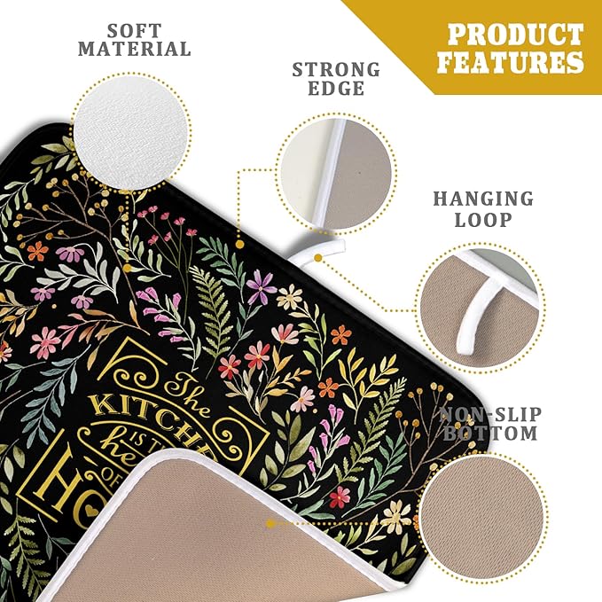 Absorbent Dish Drying Mat Colorful Flowers Microfiber Pad for Kitchen Counter Coffee Bar Decor 16" X 18"