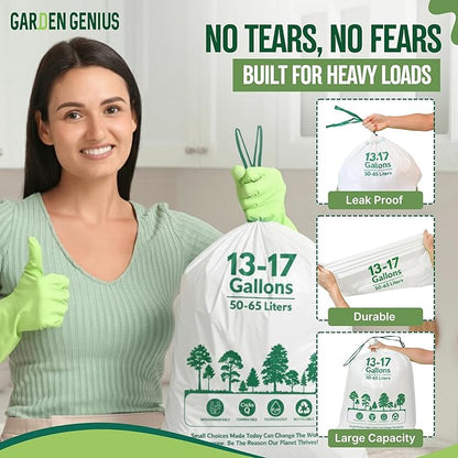Biodegradable 13-17 Gallon Code-Q Trash Bags (50 Pack) | Strong Heavy-Duty Tall White Kitchen Bags w/Drawstring | Fits Simplehuman & Standard Cans | Eco-Friendly D2W, 30 Micron Thick | 25.6" x 33.5"