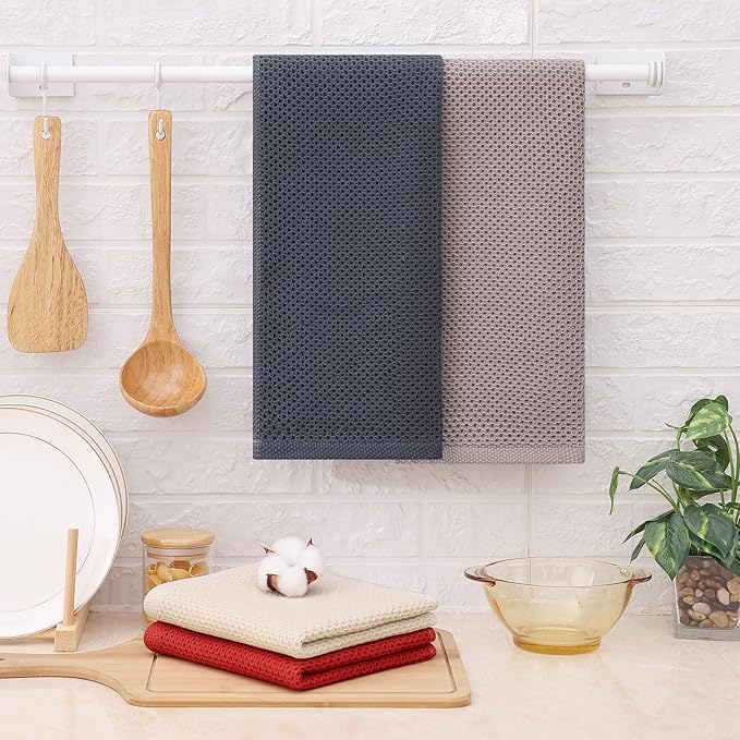 Kitinjoy 100% Cotton Waffle Weave Kitchen Hand Towels (13 X 28 Inches, Multicolor), 8-Pack Super Soft and Absorbent Dish Towel for Drying Dishes