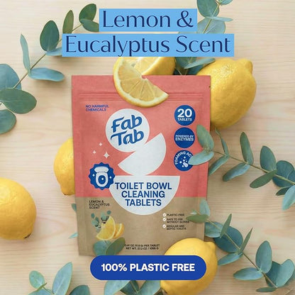 Fab Tab Toilet Bowl Cleaner Tablets, Powerful Stain Removal, No Harsh Chemicals, Plastic-Free, Removes Rust & Stains, Safe for Regular and Septic Tank Toilets, Lemon & Eucalyptus Scent