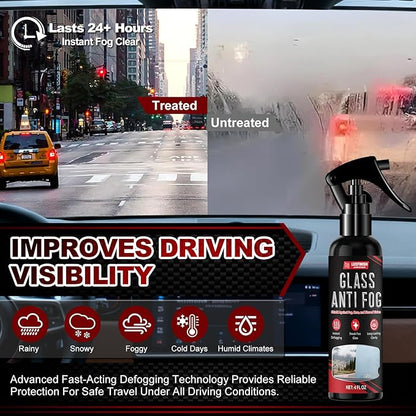 Anti Fog Spray for Glass & Windshield Defogger – 24H Long Lasting Prevention for Car, Mirrors, Windows, Goggles, Shower Door – Streak-Free & Instant Clear with Microfiber Towel, 120ml/4oz