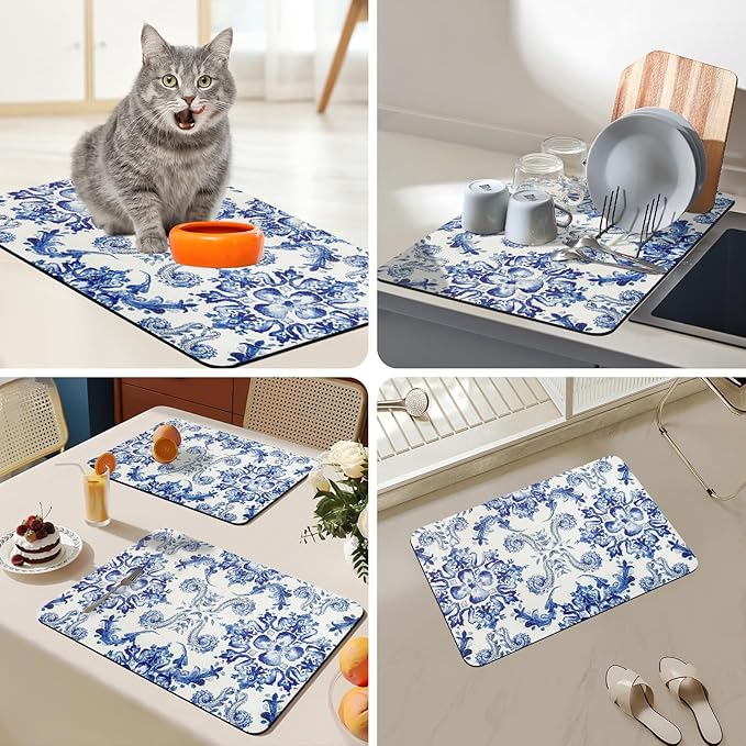 Bloss Dish Drying Mat, Multiple Usage Coffee Bar Mat, Kitchen Counter Mats, Absorbent Hide Stain Rubber Backed Dish Drying Pad(16.1"x24.1", Ink Cyan Flower)