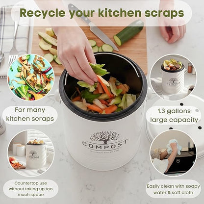 Perfnique Kitchen Compost Bin, 1.3 Gallon Countertop Compost Bin with Lid, Indoor Compost Bucket Includes Inner Bucket Liner and Carbon Filter, Small Compost Bin (Without Bags, Cream)