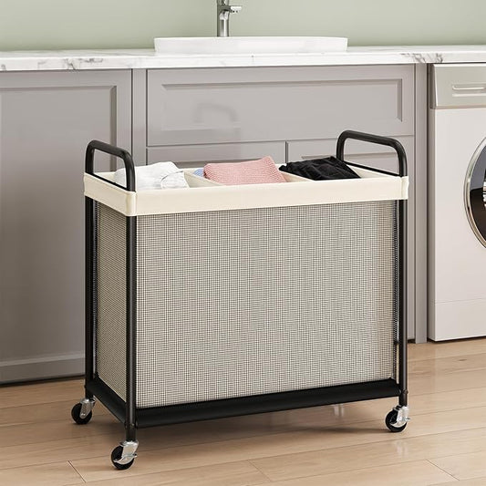 ELYKEN Laundry Hamper 3 Section, 120L Rolling Laundry Sorter with Removable Liner Bag, Laundry Basket with Wheels, Steel Frame with Metal Handle, Clothes Hamper Cart for Laundry Room & Bedroom