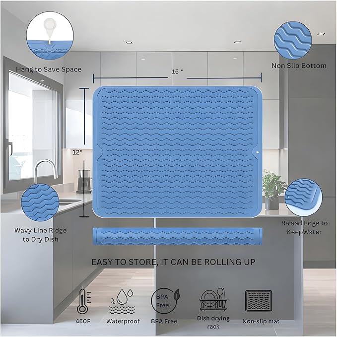 Silicone Drying Mat 16 × 12 – Royal Blue Non-Slip Sink Mat for Kitchen Counter, Heat-Resistant Food-Grade Dish Pad, Easy-Clean Multipurpose Drawer Liner (Royal Blue, 16" x 12")