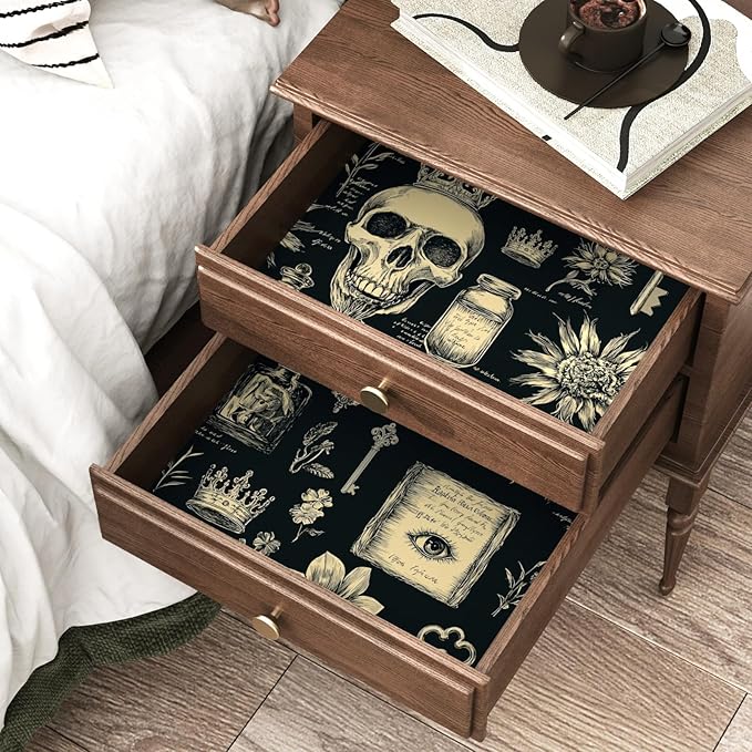 Skull Wallpaper Peel and Stick, Black Beige Witcher Gothic Contact Paper, Vintage Fancy Wall Paper Self Adhesive Removable Waterproof for Bathroom Bedroom Shelf Cabinet Drawer Table 17.5" x 118"