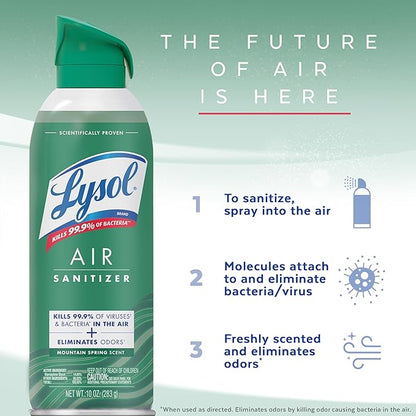 Lysol Air Sanitizer Spray with Bacterial Odor Eliminator for Home & Office, Sanitizing Air Spray, Air Freshener Alternative, Mountain Spring Scent, 10 oz (Pack of 3)