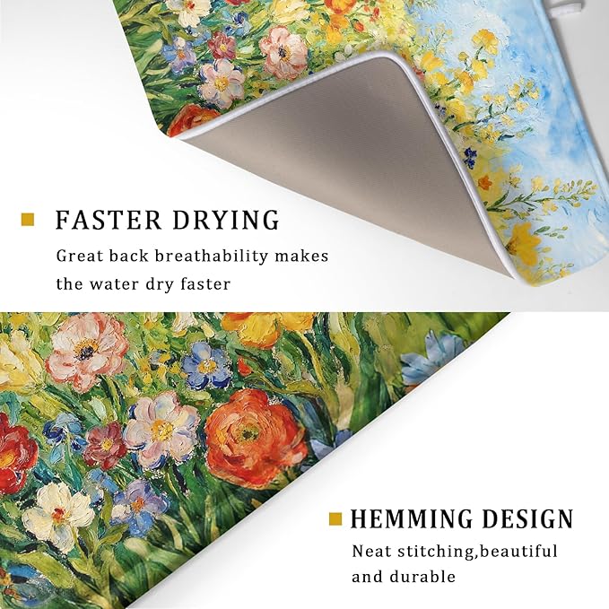 Spring Summer Floral Dish Drying Mat for Kitchen Counter 18x24 Green Yellow Blue Flower Wildflower Print Absorbent Reversible Microfiber Drying Mats Kitchen Countertop Protector Dishes Drainer Pad