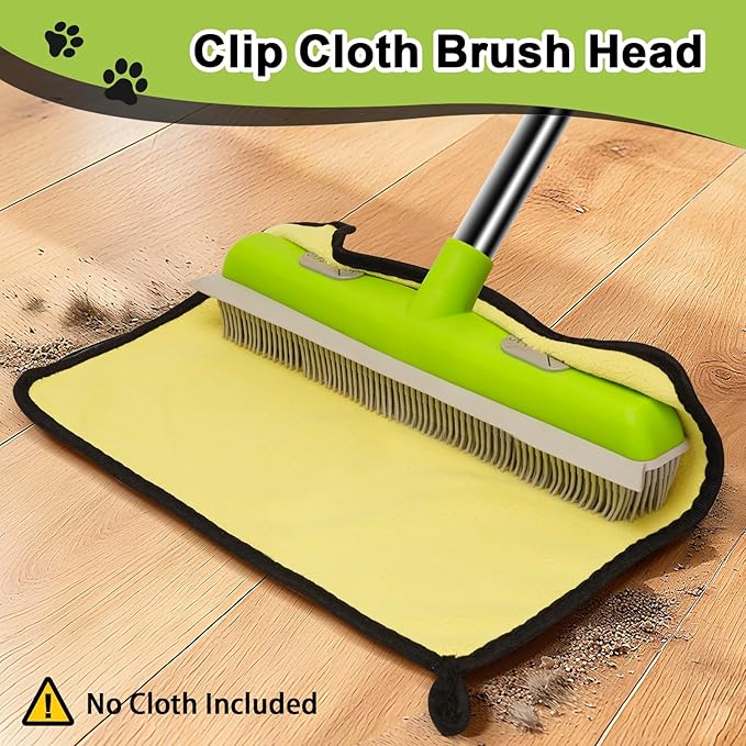 Pet Hair Removal Rubber Broom, Carpet rake with Squeegee for Cleaning Pet Hair, 52 inch Long Handle Rubber Broom,Dual-Sided for Fluff Carpet, Hardwood Floor, Tile,Green