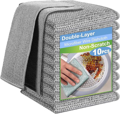 10pcs New Upgrade 2-Layer Microfiber Wire Dishcloth,Non-Scratch Wire Dishwashing Rags for Wet and Dry,Metal Scrubbers, Kitchen Miracle Cleaning Dish Rags for Cookware,Sinks, Dishes,Stove,Grey