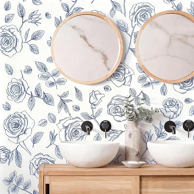 Timeet 17.7In ×78.7In Peel and Stick Wallpaper, Blue and White Floral Peel and Stick Wallpaper Boho Contact Paper Removable Self Adhesive Bedroom Cabinet Mural Wall Decor Vinyl Roll
