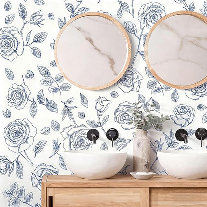 Timeet 17.7In ×78.7In Peel and Stick Wallpaper, Blue and White Floral Peel and Stick Wallpaper Boho Contact Paper Removable Self Adhesive Bedroom Cabinet Mural Wall Decor Vinyl Roll