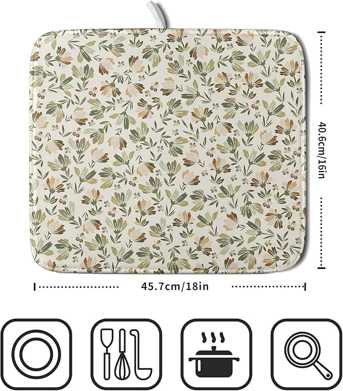 Spring Summer Daisy Floral Leaf Dish Drying Pad 16 x 18 Inch With Absorbent Reversible Microfiber Green Brown Leaves Flowers Drying Mats Dish Drainer Mat Fast Dry For Kitchen Dining Room Decoration
