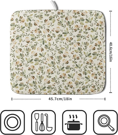 Spring Summer Daisy Floral Leaf Dish Drying Pad 16 x 18 Inch With Absorbent Reversible Microfiber Green Brown Leaves Flowers Drying Mats Dish Drainer Mat Fast Dry For Kitchen Dining Room Decoration