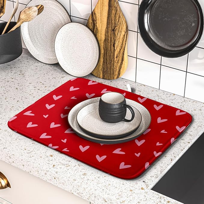 Valentines Dish Drying Mat for Kitchen Counter 16x18 Inch Valentine's Day Red Pink Love Heart Print Absorbent Reversible Microfiber Drying Mats Kitchen Countertop Protector Dishes Drainer Rack Pad