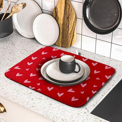 Valentines Dish Drying Mat for Kitchen Counter 16x18 Inch Valentine's Day Red Pink Love Heart Print Absorbent Reversible Microfiber Drying Mats Kitchen Countertop Protector Dishes Drainer Rack Pad