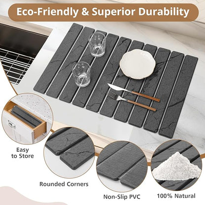 2 PCS Large Stone Dish Drying Mat for Kitchen Counter, Marbled Quick Dry Stone Dish Mats, Diatomaceous Earth Drying Pad, Foldable and Super Absorbent Dish Drying Stone Mat (Dark Gray 24"×16" & 8"×4")
