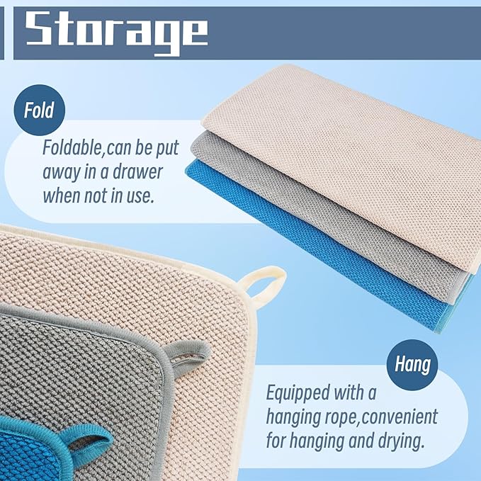 3 Pack Microfiber Dish Drying Mats,Ultra Absorbent Dish Drainer Mats,20x15" Large Size Kitchen Quick Dry Pads for Counter,Under Sink,Coffee Rack(Blue,Beige,Gray)