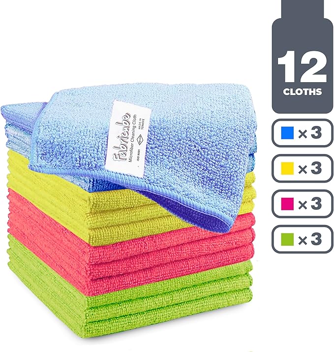 Turkish Microfiber Cleaning Cloth of 4 Colors | 20% Polyamide for Elevated Liquid Suction | Must Have Drying Supply for Kitchen and Home Accessories | Rags with Reinforced Edges, Pack of 12