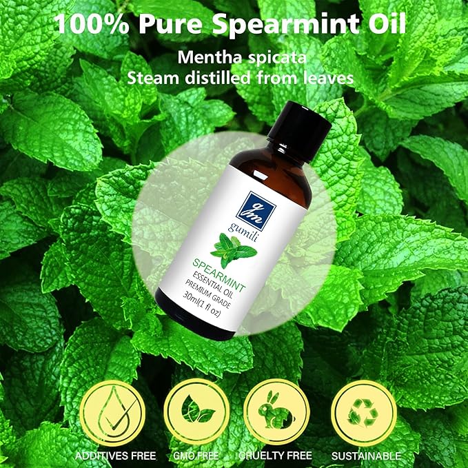 GM Gumili Spearmint Essential Oil 1 Oz, 100% Pure Natural Spearmint Oil, Refreshing Aromatherapy Essential Oils for Diffuser, Face, Skin, Hair Care