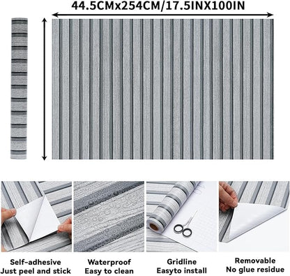 Peel and Stick Wood Slat Wall Panels - 17.5" x 100" Gray Self-Adhesive Wallpaper Roll, 3D Textured Accent Wall Decor for Bedroom, Living Room, Office, Easy DIY Removable Covering