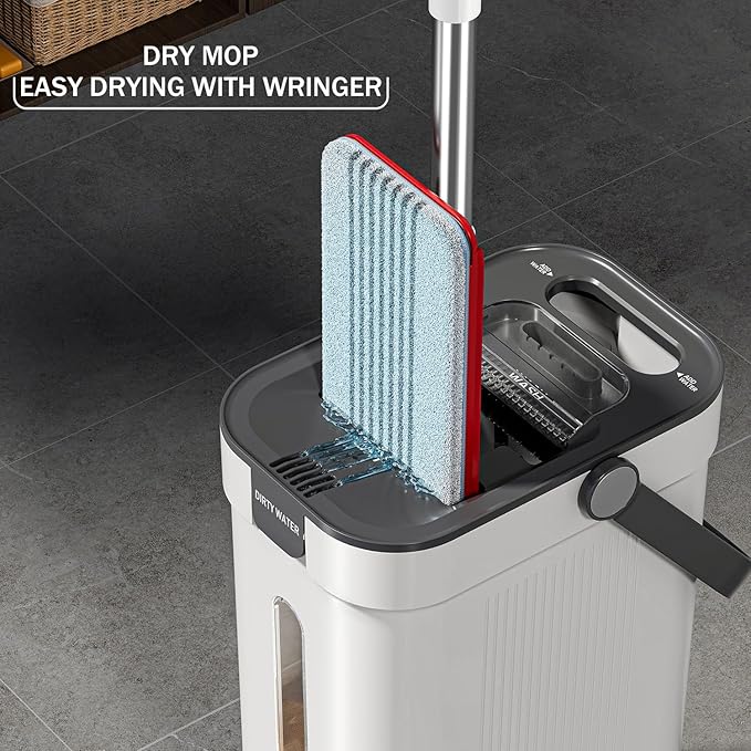 Dual Mop and Bucket Set, Flat Mop and Bucket System with Separate Dirty and Clean Water, 3-Compartment Wall Cleaner Mop, Flat Mops for Floor Cleaning with 6 Microfiber Pads