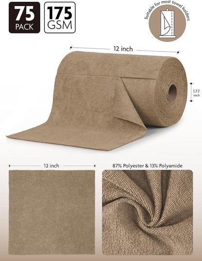 Fantasticlean Microfiber Cleaning Cloth Roll -75 Pack, Tear Away Microfiber Towels, 12" x 12", Reusable, Washable, Scratch Free, Ultra Absorbent for All-Around Cleaning Supplies (TAN)