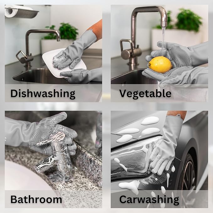 Dog Washing Gloves with Bristle Scrubbers, Reusable Silicone Gloves Ideal for Pet Bathing, Massaging & Grooming (Gray)
