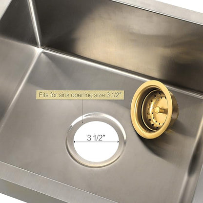 LQS Kitchen Sink Drain Assembly, Sink Drain Basket Strainer 304 Stainless Steel with Removable Sink Strainer Basket and Stopper 3-1/2-inches Gold