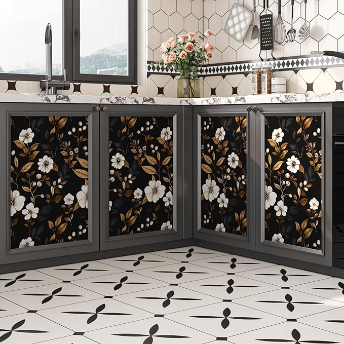 Fvlow Vintage Black Floral Wallpaper Peel and Stick 17.4" x 118", Retro Golden Leaf White Flower Pattern Contact Paper Classic Removable Covering for Bedroom Bathroom Cabinet Drawer Home Decor Dark
