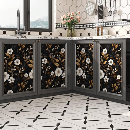 Fvlow Vintage Black Floral Wallpaper Peel and Stick 17.4" x 118", Retro Golden Leaf White Flower Pattern Contact Paper Classic Removable Covering for Bedroom Bathroom Cabinet Drawer Home Decor Dark