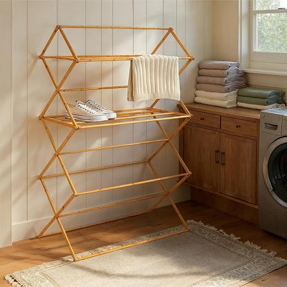 Household Essentials Bamboo Oversized Clothes Drying Folding Rack, Upscale Laundry Rack with 11 Dowels, Environmentally Friendly, Stable Frame, Shelf for Drying Flat, Natural