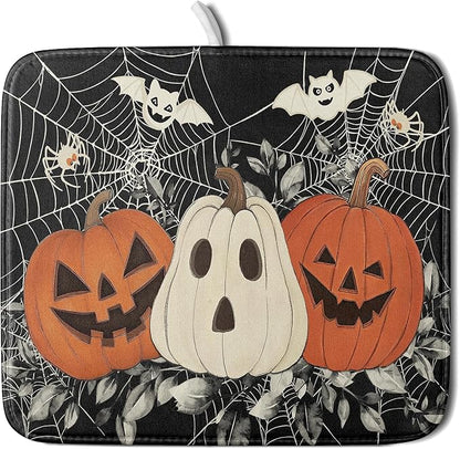 Halloween Pumpkin Dish Drying Mat for Kitchen Counter 16x18 Cream Bat Spiderweb Holiday Scary Theme Absorbent Reversible Microfiber Drying Mats Kitchen Countertop Protector Dishes Drainer Pad