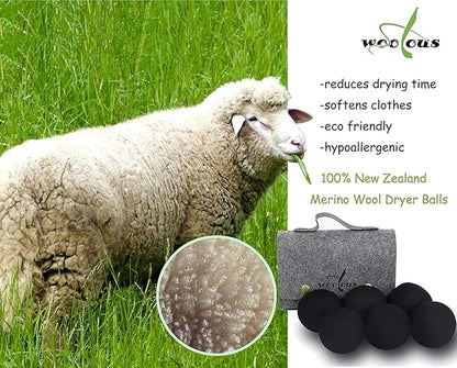 Woolous Black Dryer Balls, Natural Reusable New Zealand Eco Sheep Handmade XL Organic Wool Laundry Dryer Balls(XL,6pack)