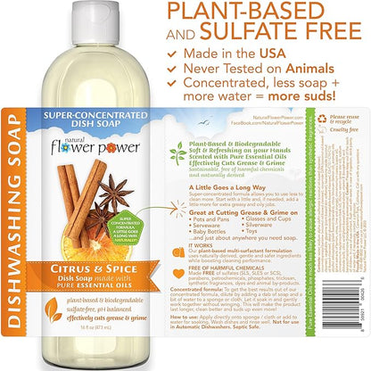 Natural Flower Power Liquid Dish Soap – Citrus & Spice – Plant-Based & Scented w/ Pure Essential Oils – Natural Liquid Dishwashing Detergent – Sulfate-Free Kitchen Soap – Vegan (16 Fl Oz 3 Pack)
