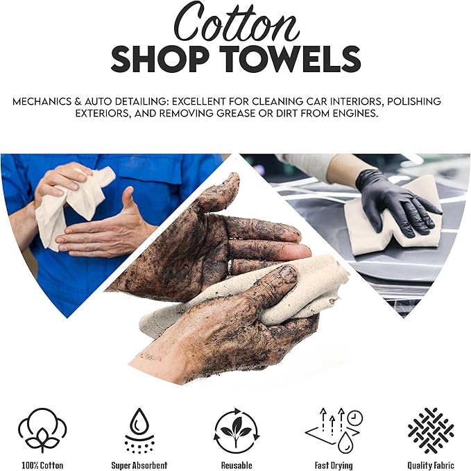 Cotton Shop Towel – Multipurpose Cleaning Cloths (14" x 12" - Pack of 500 - White) Reusable Shop Rags for Automobiles, Industrial, Restaurants, Garage, and Homes