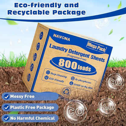 800 Loads Mega Pack Laundry Detergent Sheets, Eco-friendly Laundry Sheets, Powerful Cleaning, Suitable for Homes, Dorms, and Apartments- [Fragrance-Free]