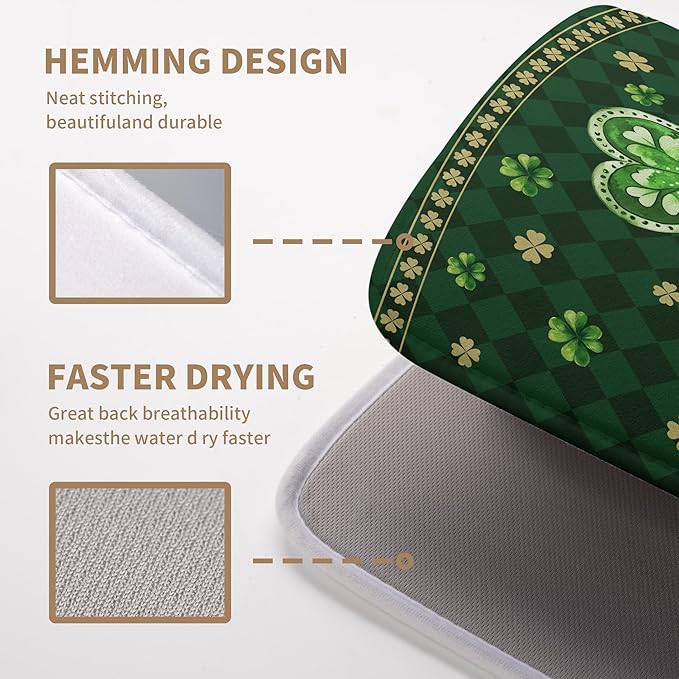 St Patrick's Day Shamrock Dish Drying Mat Green Spring Kitchen Dish Drying Pad Absorbent Dish Dryer Mat for Kitchen Countertops Microfiber Dishes Drainer Pad Dish Drying Rack Mat (18x24 in)