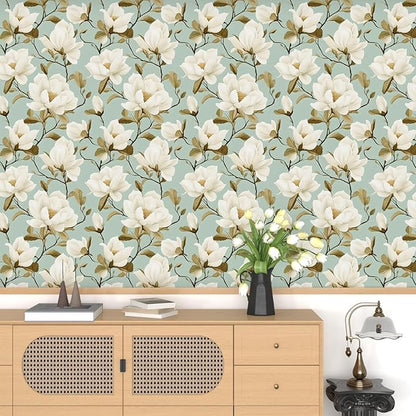 Modern Green White Flowers Wallpaper Blue Floral Peel and Stick Contact Paper 17.5"X118" Vinyl Waterproof Self Adhesive Removable Boho Modern Botanical Wall Paper for Bedroom Walls Cabinet Locker