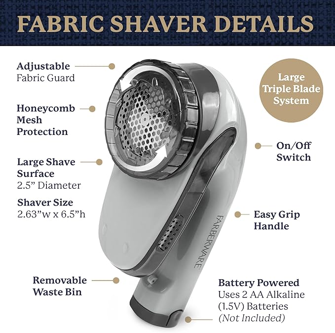Farberware Lint Remover Fabric Shaver – Battery Operated Lint Shaver with Triple Blades for Clothes, Sweater Shaver to Remove Fuzz, Lint Balls, Pilling for Clothing, Couch, Furniture (Charcoal, Large)