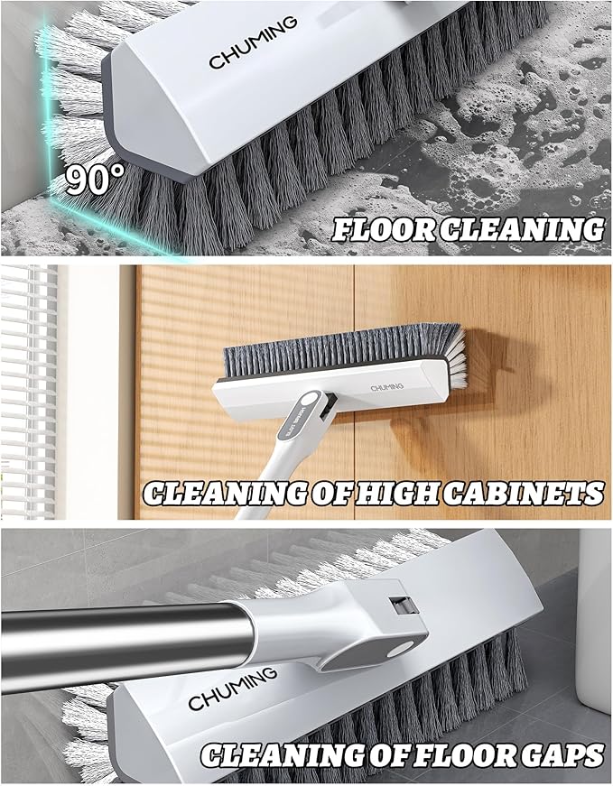 V-Shape Floor Scrub Brush with Long Handle, 180° Swivel Stiff Bristle Shower & Grout Cleaner Brush, Heavy-Duty Bathroom and Floor Cleaning Tool with 51" Stainless Steel Handle