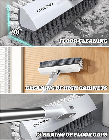 V-Shape Floor Scrub Brush with Long Handle, 180° Swivel Stiff Bristle Shower & Grout Cleaner Brush, Heavy-Duty Bathroom and Floor Cleaning Tool with 51" Stainless Steel Handle