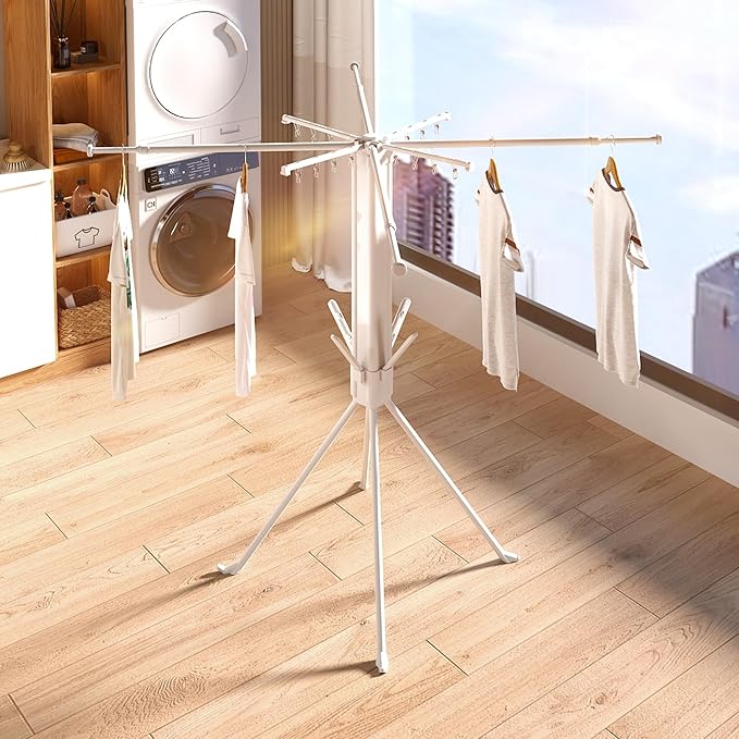 Foldable 4-Legged Clothes Drying Rack, Heavy Duty Laundry Drying Rack with Sock Clips & Shoe Holders, Large Capacity Collapsible Drying Stand for Indoor Outdoor Use
