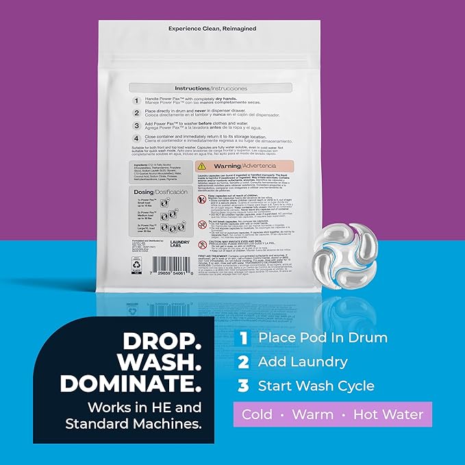 PowerPax 5-in-1 Laundry Detergent Pods, 36 Count Concentrated Enzyme Clean pods for Stain Removal, Odor Control, Fabric Softening & Color Care, Free & Clear