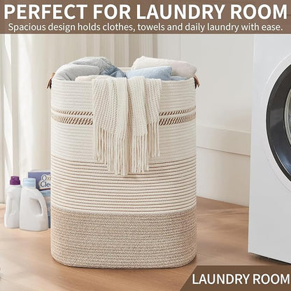 Laundry Basket with Handles - Blanket Basket & Hampers for Bedroom Aesthetic, Laundry Hamper & Blanket Storage for Living Room, Clothes Hamper, Tall, Large 17" x 14" x 22”, Light Brown & White