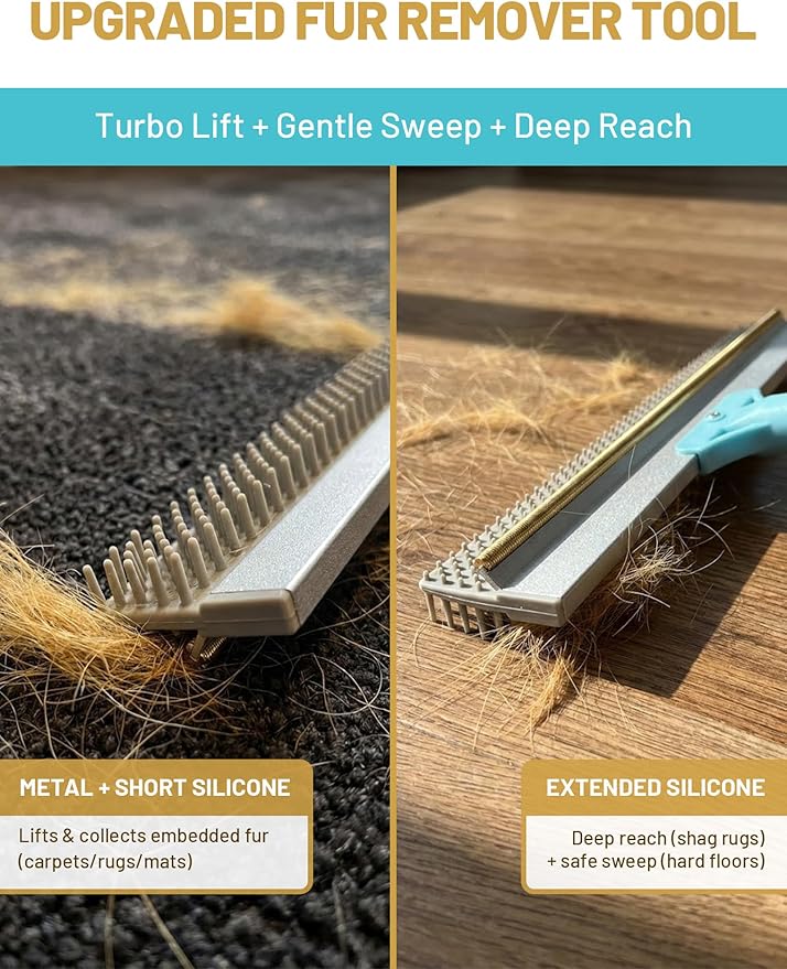 Carpet Rake for Pet Hair Removal: DELOMO Carpet Broom Scraper with 54” Adjustable Long Handle, Dual-Sided, Metal + Short Silicone for Carpets & Rugs, Extended Silicone for Shag Rugs & Hard Floors
