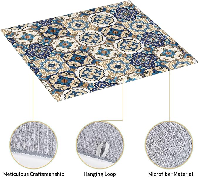 Colorful Moroccan Dish Drying Mat, Highly Absorbent Microfiber Kitchen Counter Pad Reusable Washable, 16*18"