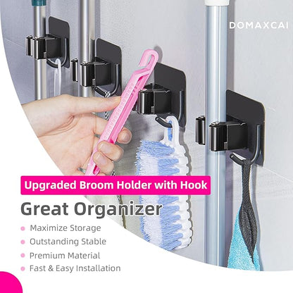 Broom and Mop Holder, Super Anti-Slip Wall Mount, Self Adhesive Gripper for Bathroom, Garage and Laundry Room Storage, Black