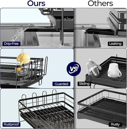 Large Dish Drying Rack, Expandable Dish Rack for Kitchen Counter, Upgraded Dish Drainer with Drainboard Set, Multifunctional Dishrack with Utensil Holder & Cup Holder, 13.4"-28.7" L x 11.8" W